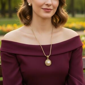 B045  Pearl Pendant Necklace  Earring Set Gold Vintage Inspired (BUNDLE & SAVE)